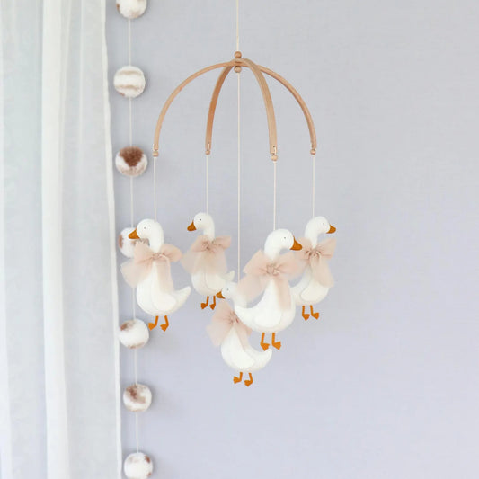 Handmade Felt Goose Baby Mobile - Coquette Style Nursery Hanging Decor (White & Beige)