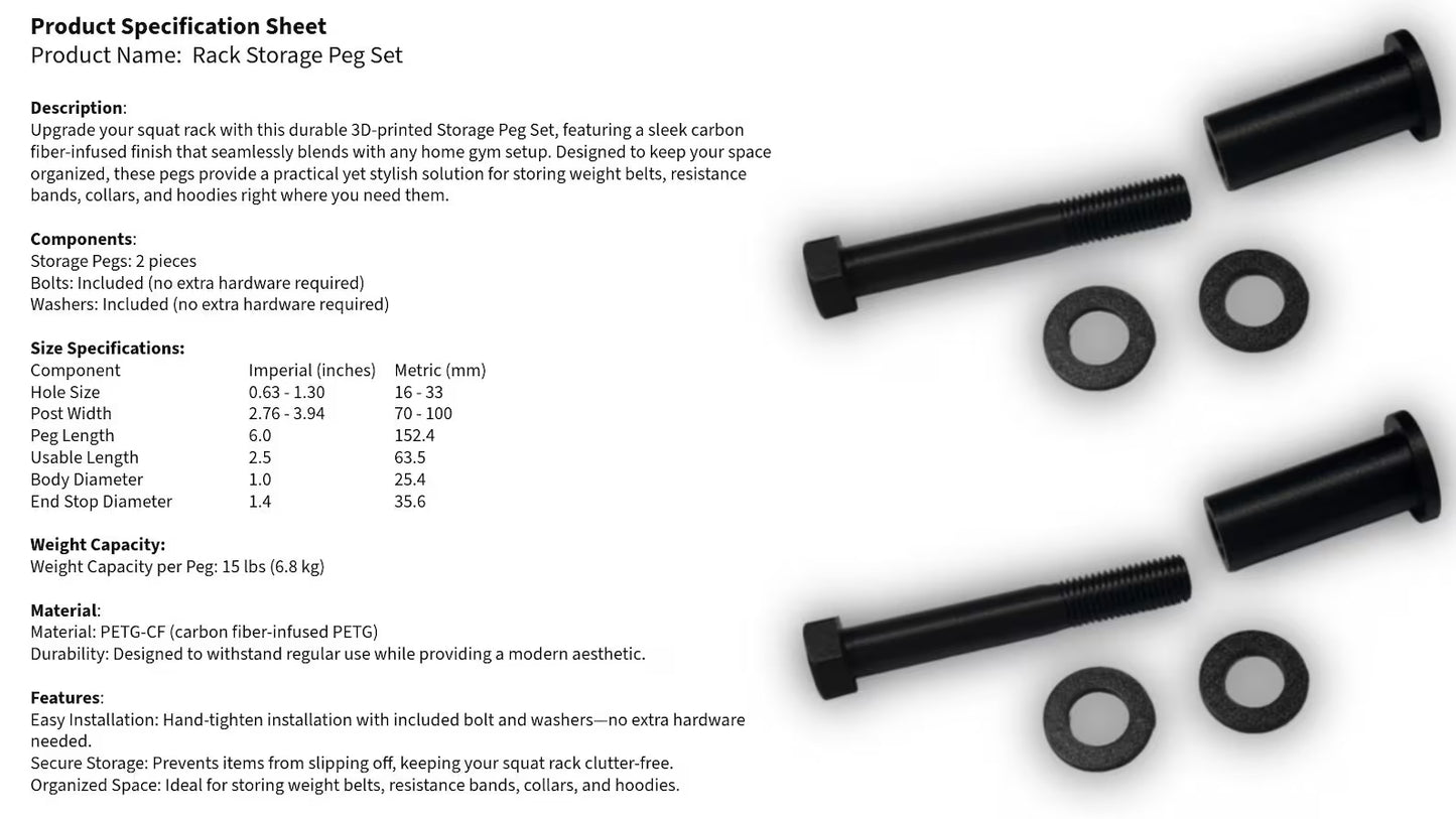 Carbon Fiber Infused Squat Rack Storage Pegs - 3D Printed Gym Gear Holder (6 Inch)