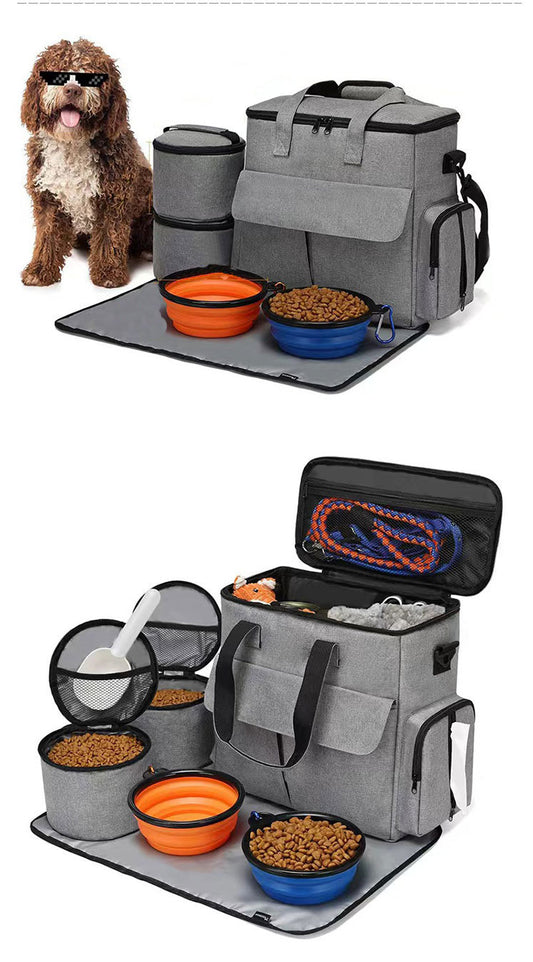 6-Piece Pet Travel Bag Set - Dog Food Organizer Tote with Collapsible Bowls (Grey)