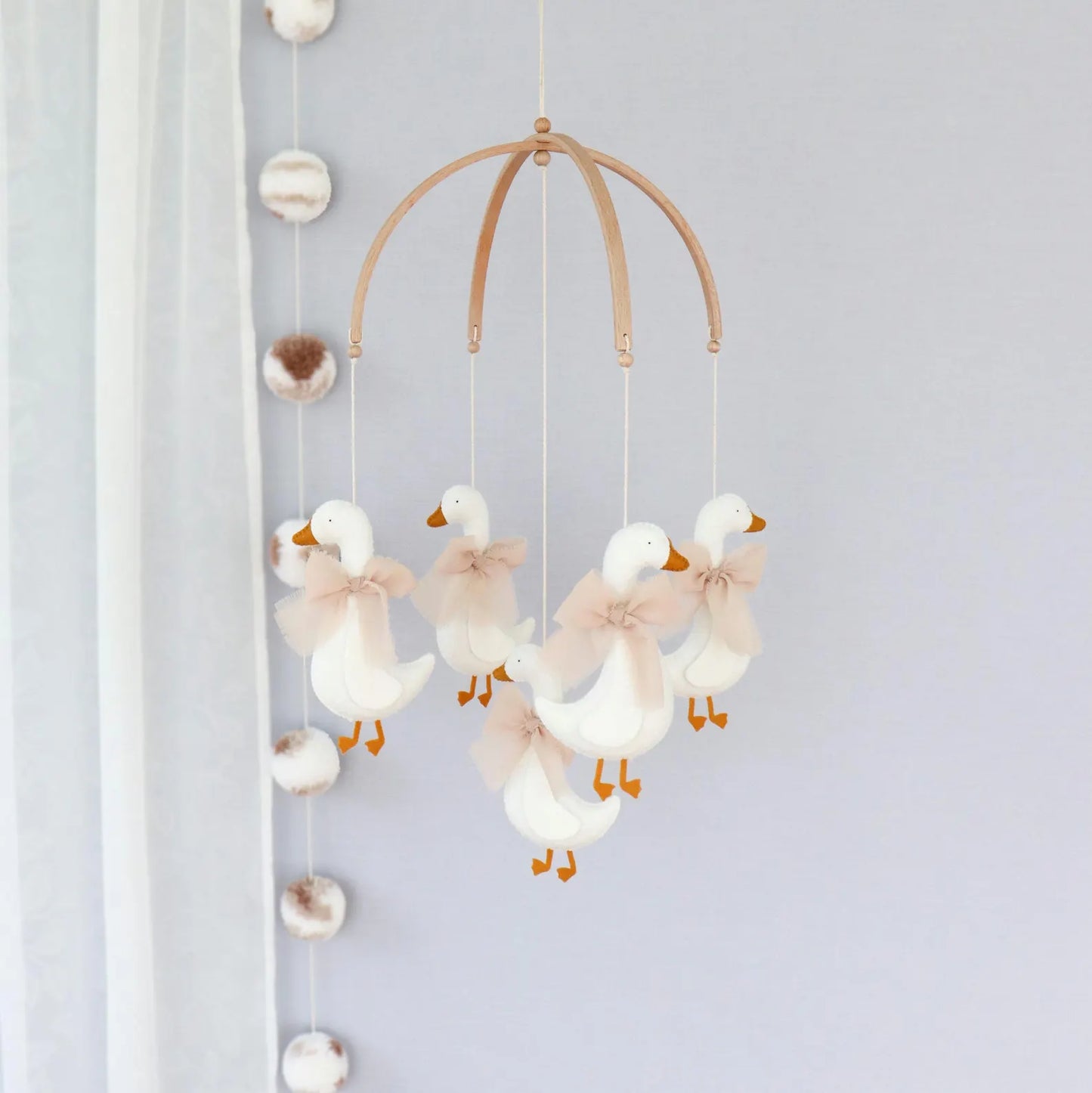 Handmade Felt Goose Baby Mobile - Coquette Style Nursery Hanging Decor (White & Beige)