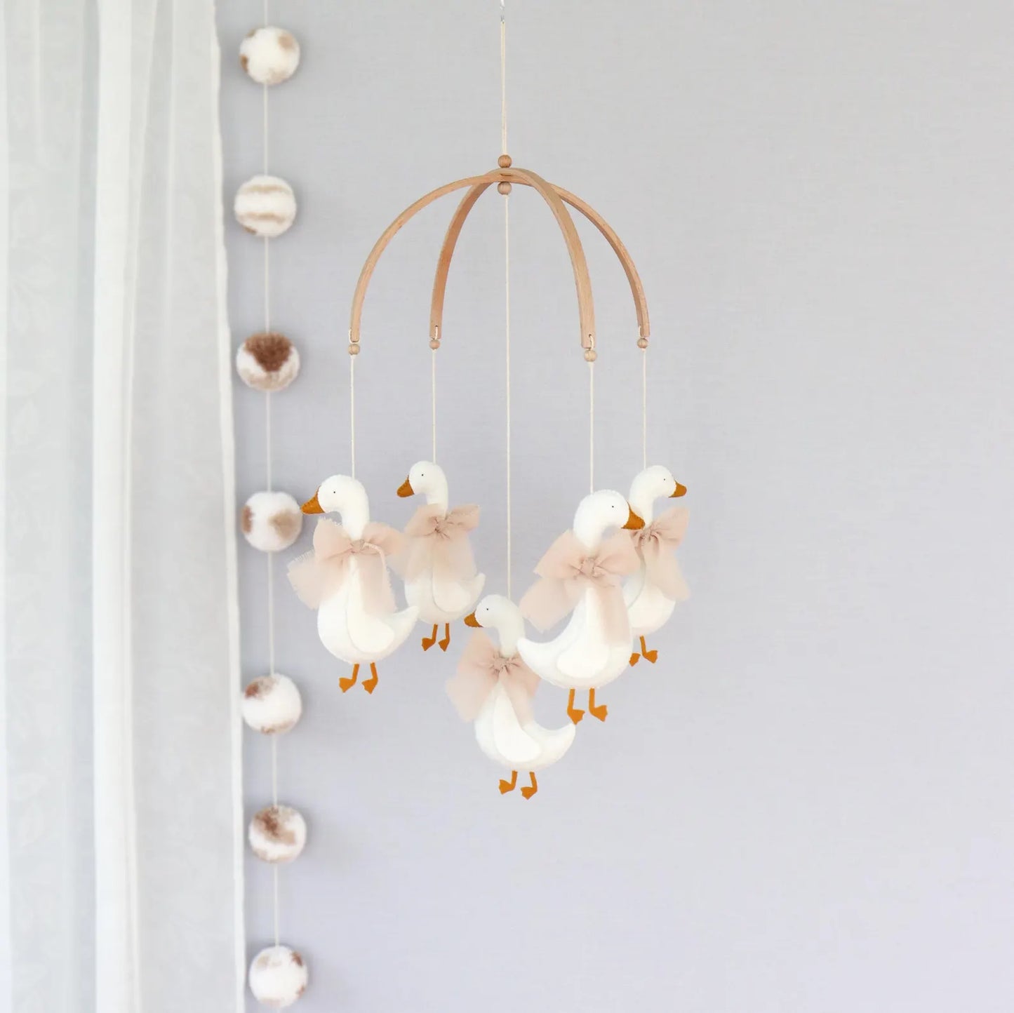 Handmade Felt Goose Baby Mobile - Coquette Style Nursery Hanging Decor (White & Beige)