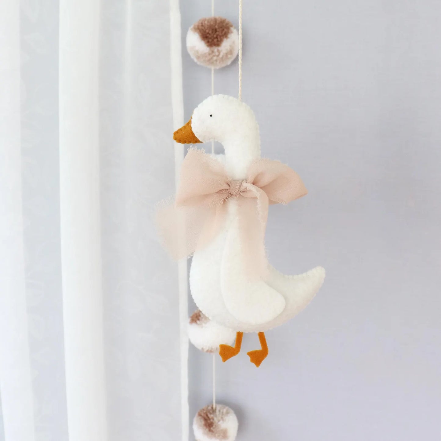 Handmade Felt Goose Baby Mobile - Coquette Style Nursery Hanging Decor (White & Beige)