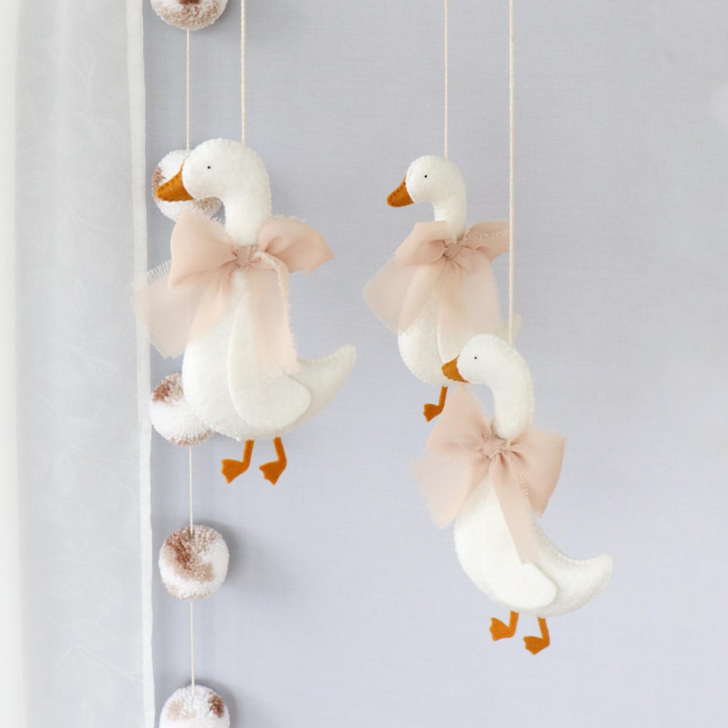 Handmade Felt Goose Baby Mobile - Coquette Style Nursery Hanging Decor (White & Beige)