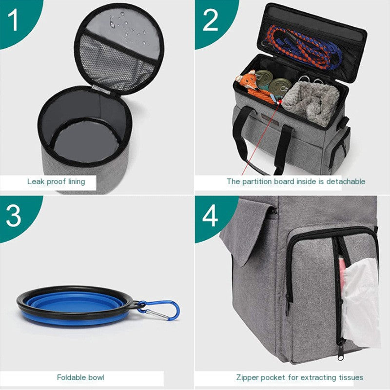 6-Piece Pet Travel Bag Set - Dog Food Organizer Tote with Collapsible Bowls (Grey)