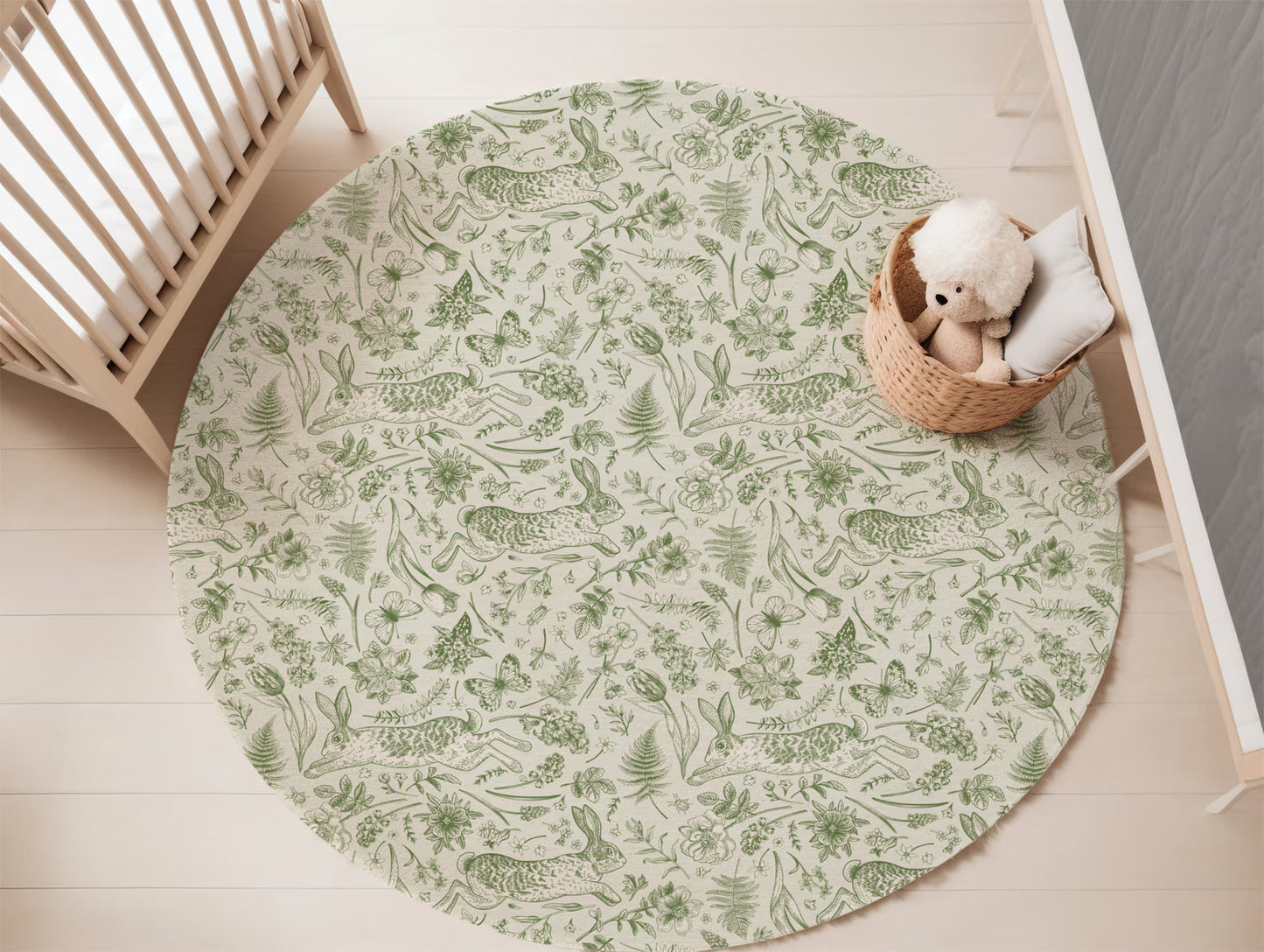 Round Woodland Rabbit Nursery Rug - Soft Chenille Green Forest Play Mat (60 Inch)