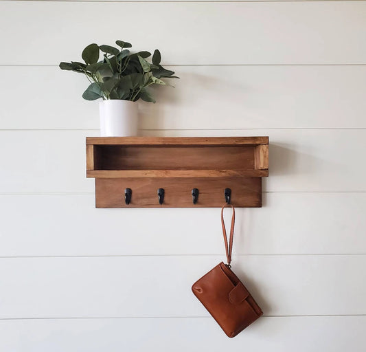 Wooden Entryway Wall Organizer - Coat Rack with Storage Cubby & Key Hooks