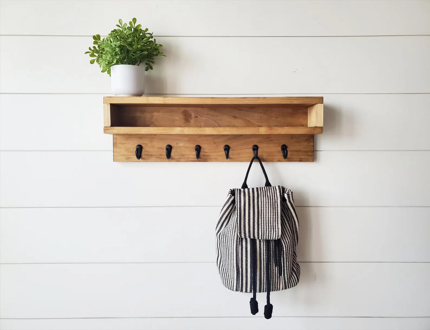 Wooden Entryway Wall Organizer - Coat Rack with Storage Cubby & Key Hooks