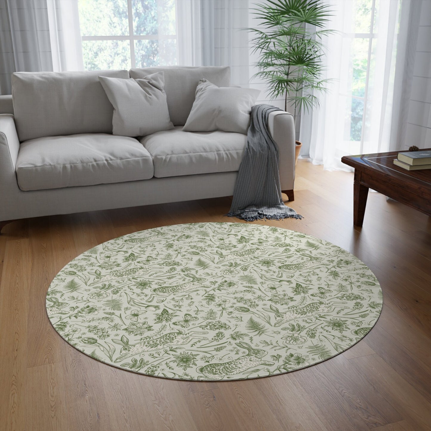 Round Woodland Rabbit Nursery Rug - Soft Chenille Green Forest Play Mat (60 Inch)