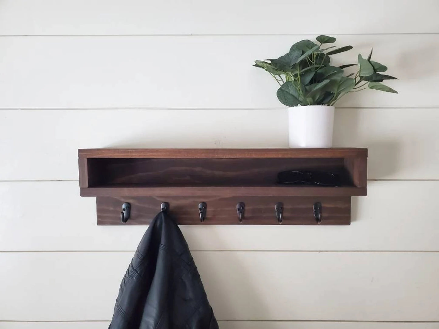 Wooden Entryway Wall Organizer - Coat Rack with Storage Cubby & Key Hooks