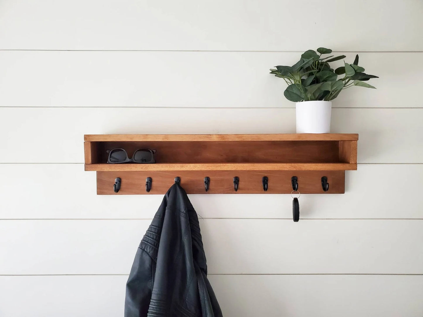Wooden Entryway Wall Organizer - Coat Rack with Storage Cubby & Key Hooks