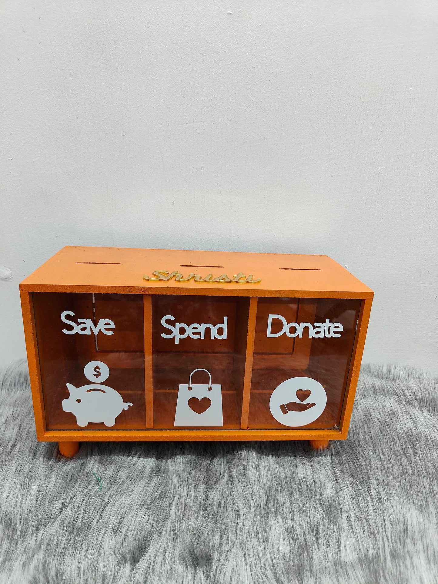 Save Spend Donate Money Box - Wooden & Acrylic Split Piggy Bank (Financial Literacy Tool)