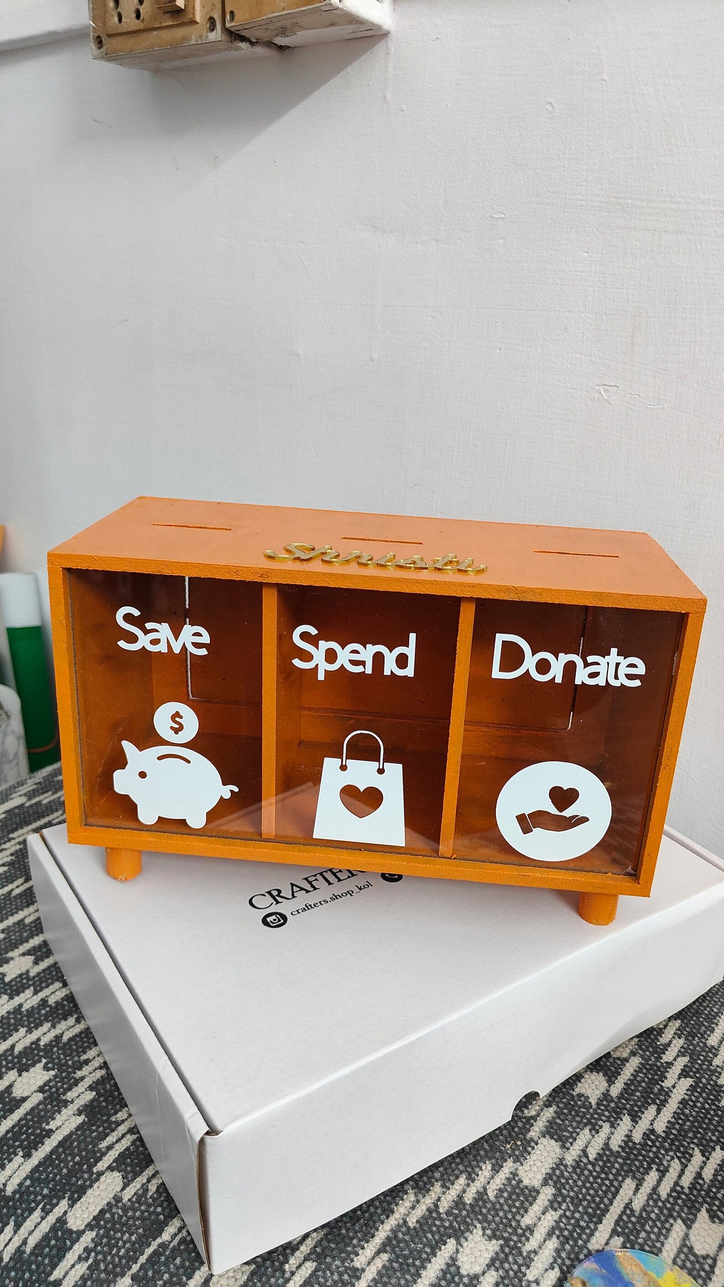 Save Spend Donate Money Box - Wooden & Acrylic Split Piggy Bank (Financial Literacy Tool)