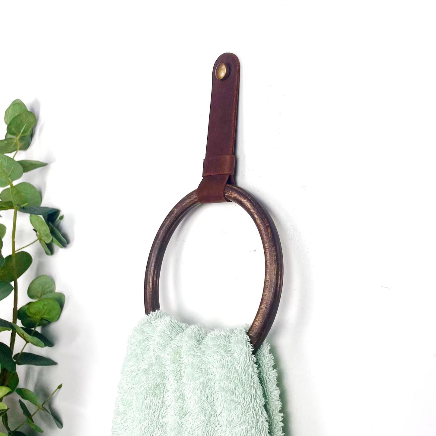 Modern Wood & Leather Towel Ring - Wall Mounted Bathroom Hand Towel Holder