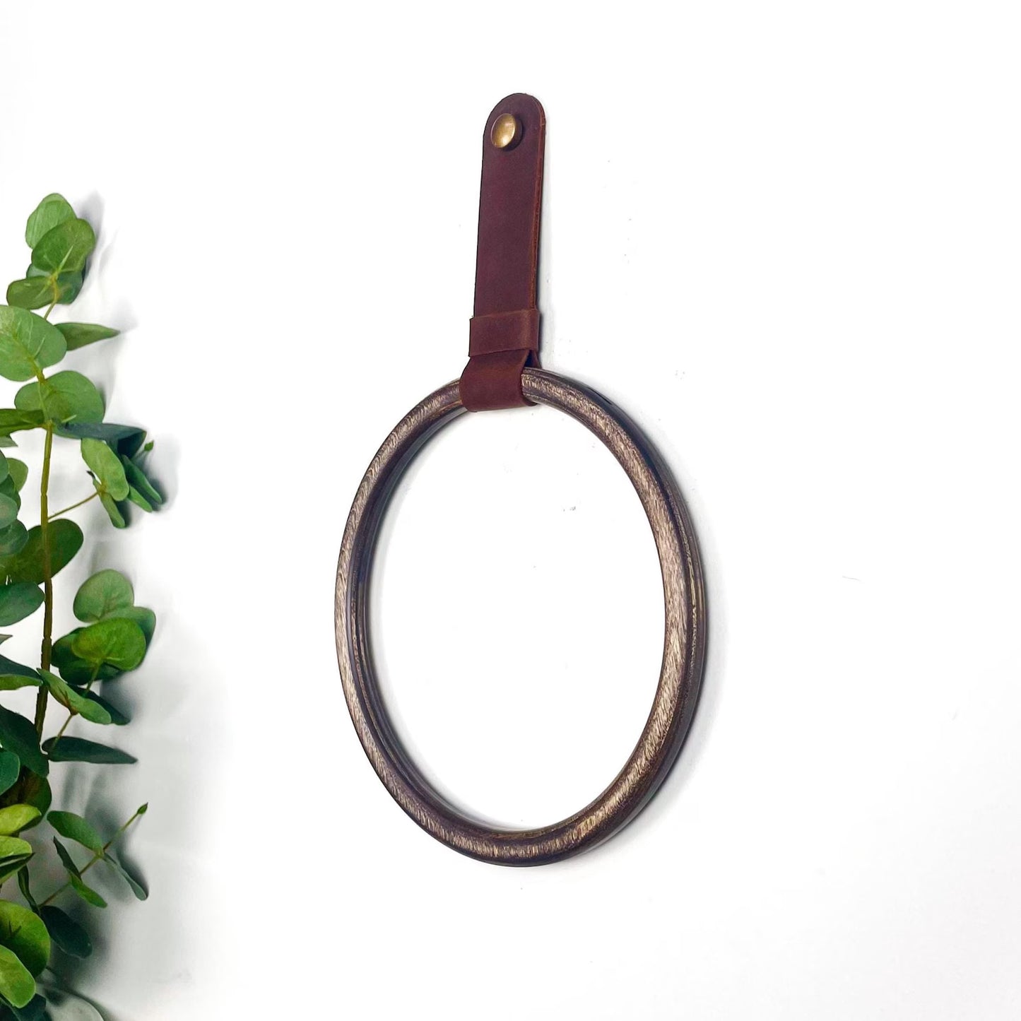 Modern Wood & Leather Towel Ring - Wall Mounted Bathroom Hand Towel Holder