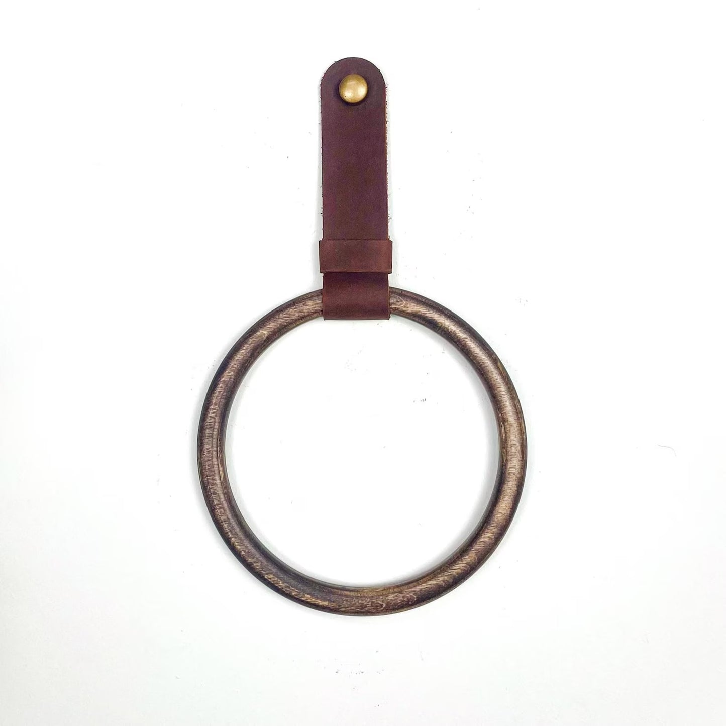 Modern Wood & Leather Towel Ring - Wall Mounted Bathroom Hand Towel Holder
