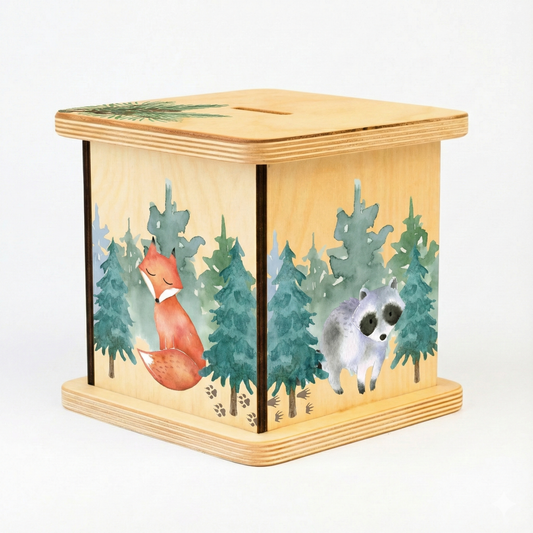 Wooden Woodland Money Box - Kids Coin Bank & Nursery Decor (Natural Wood)