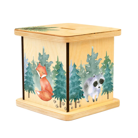 Wooden Woodland Money Box - Kids Coin Bank & Nursery Decor (Natural Wood)