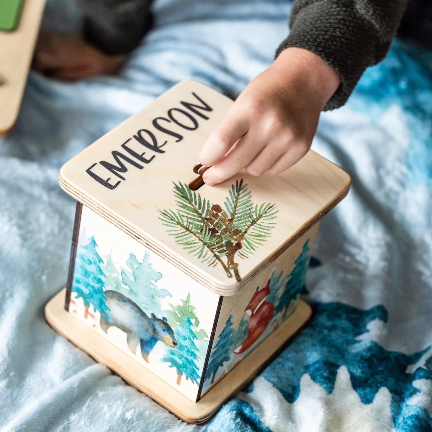 Wooden Woodland Money Box - Kids Coin Bank & Nursery Decor (Natural Wood)