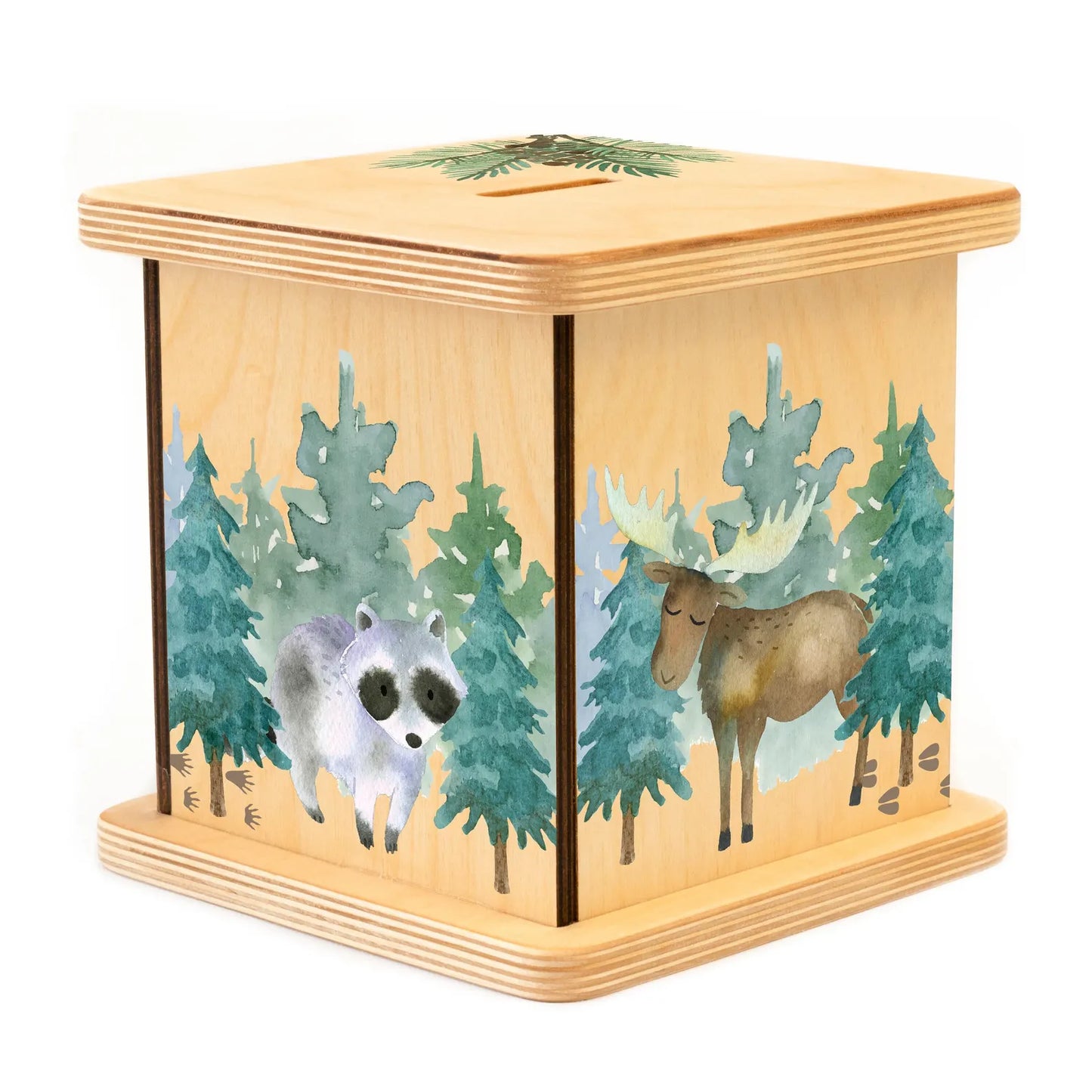 Wooden Woodland Money Box - Kids Coin Bank & Nursery Decor (Natural Wood)