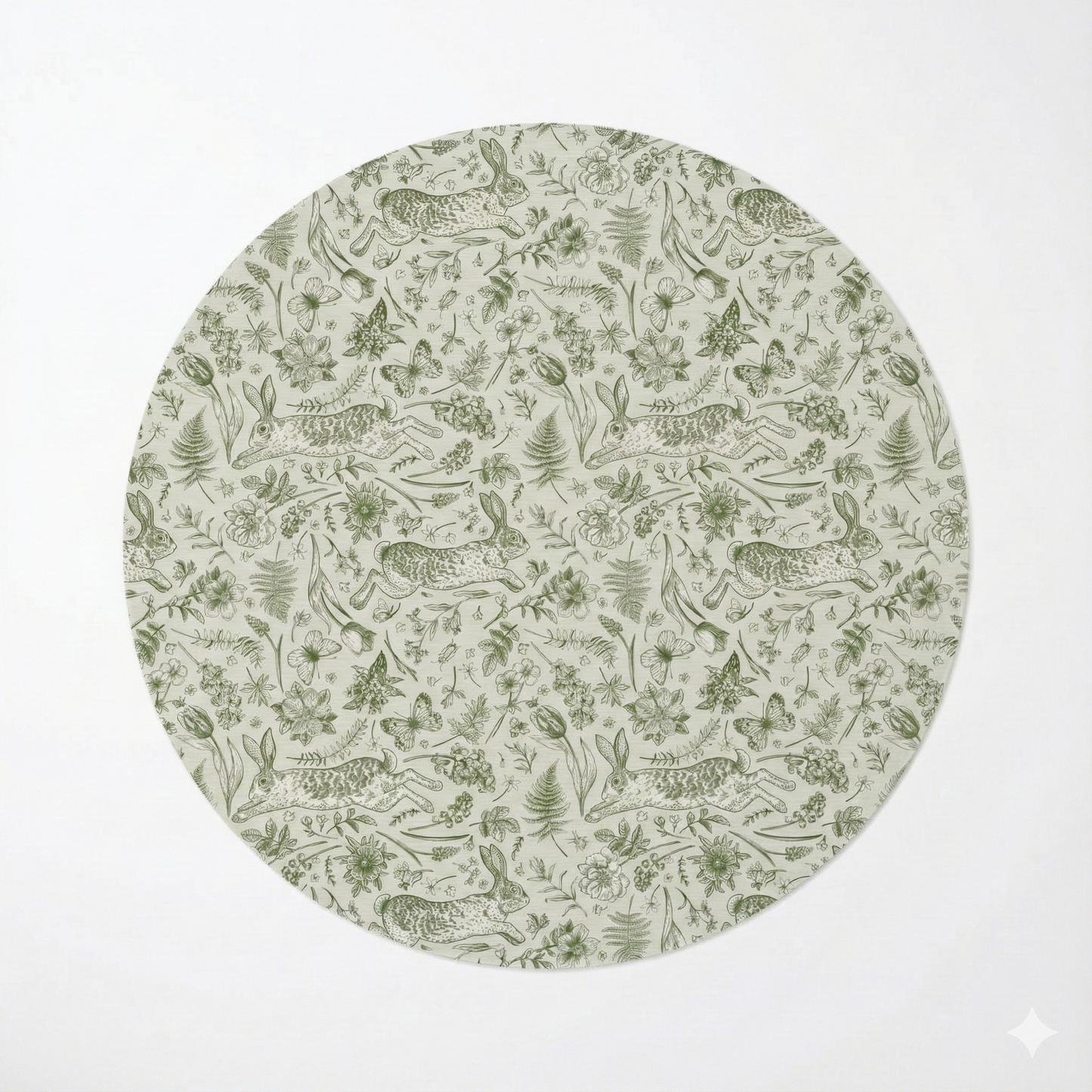 Round Woodland Rabbit Nursery Rug - Soft Chenille Green Forest Play Mat (60 Inch)