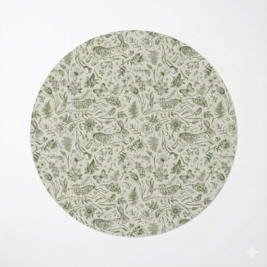 Round Woodland Rabbit Nursery Rug - Soft Chenille Green Forest Play Mat (60 Inch)