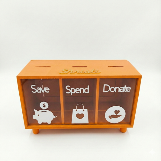 Save Spend Donate Money Box - Wooden & Acrylic Split Piggy Bank (Financial Literacy Tool)