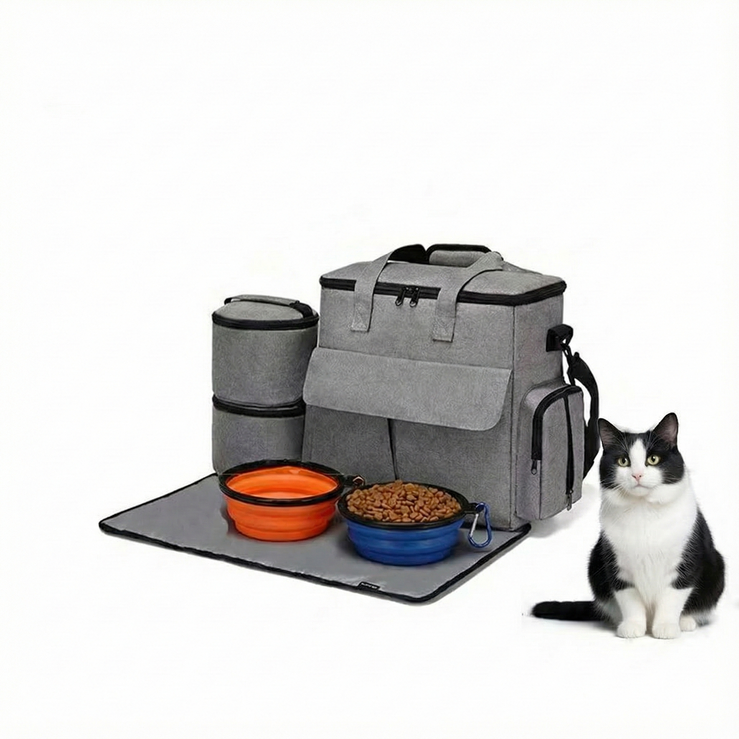 6-Piece Pet Travel Bag Set - Dog Food Organizer Tote with Collapsible Bowls (Grey)